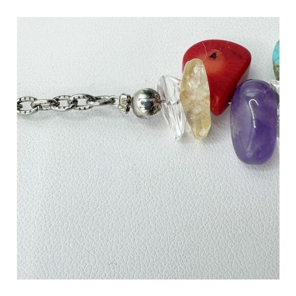 Turquoise Coral Amethyst Stone Collar Necklace Sterling Silver Southwest Boho - Picture 3 of 13